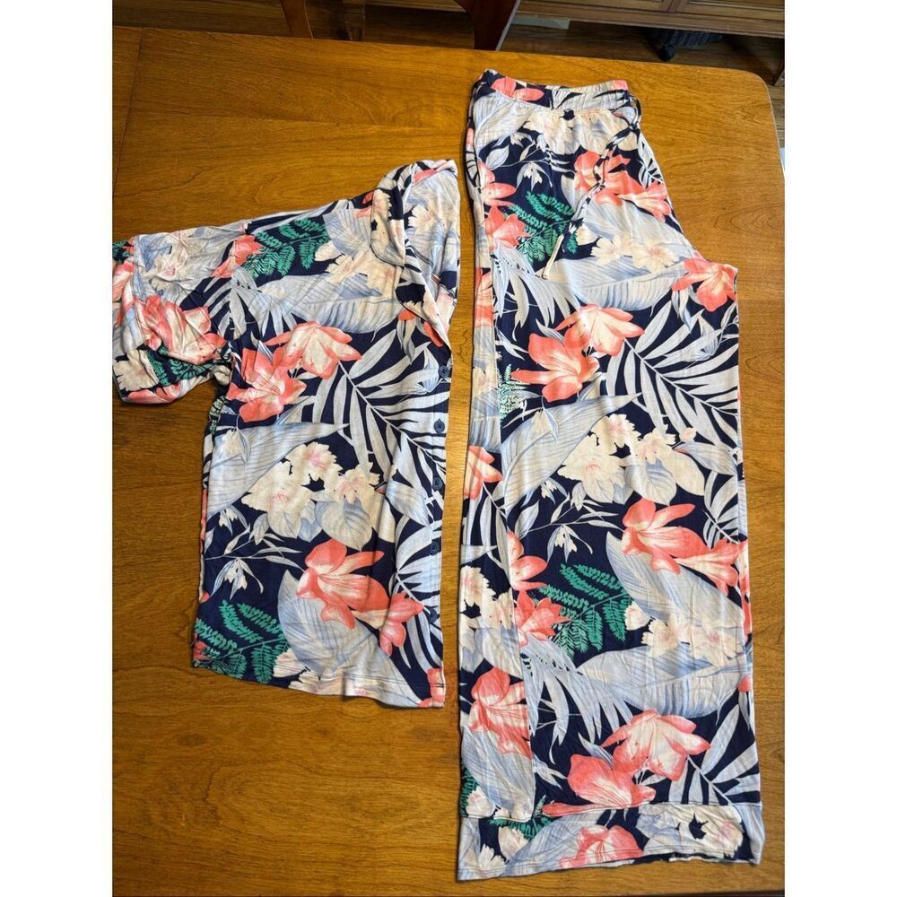 Tommy Bahama Womens Tropical Button-Up Top and Wide-Leg Pajama Set Navy Coral XL